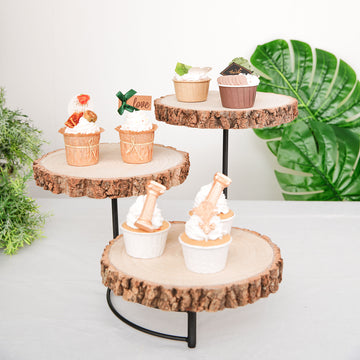 3-Tier Wood Slice Cheese Board, Cupcake Stand, Half Moon Rustic Centerpiece 12" Tall