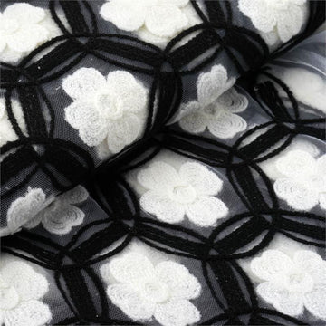 Add Luxury to Your Event with Black/White Flower Embellished Tulle Fabric Bolt