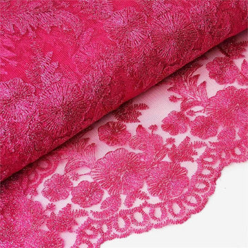 Elegant Fuchsia Floral Embroidered Lace Tulle Fabric Bolt