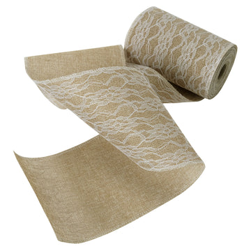 Natural Jute Burlap Ribbon with Lace Overlay 6"x10 Yards
