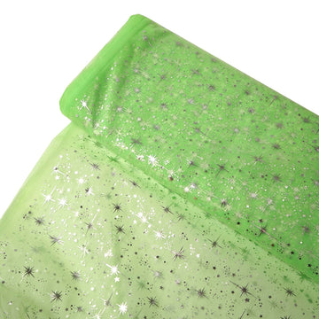 Tea Green Hot Foil Stamped Glitter Stars Organza Fabric 54"x15 Yards