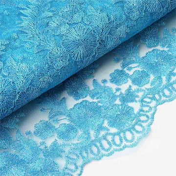 Turquoise Floral Embroidered Lace Tulle Fabric: Add Elegance to Your Event Decor
