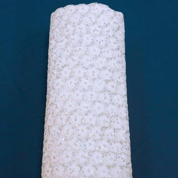 Create Stunning Party Decor with our White Daisy Embroidered Sequin Organza Fabric Roll