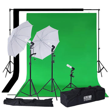 Photo Video Studio Lighting & Background Support System Kit, 600W White Umbrella With Chromakey Backdrop Muslins (Green Black White) - Free Carry Case Included 10ft