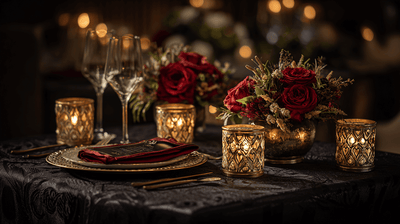 Glamorous Gold, Burgundy, and Black Table Setup Ideas