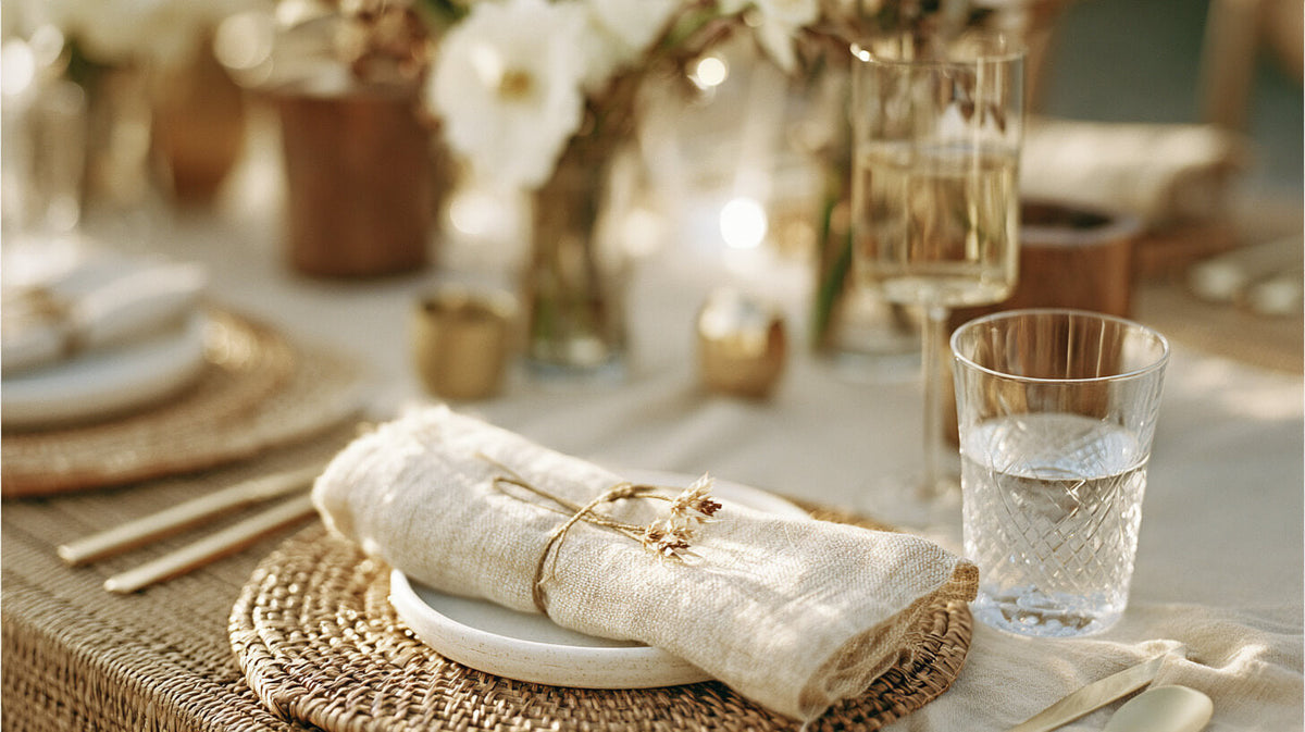 Natural Brunch Table Setting Ideas With Wood, Ivory & Gold