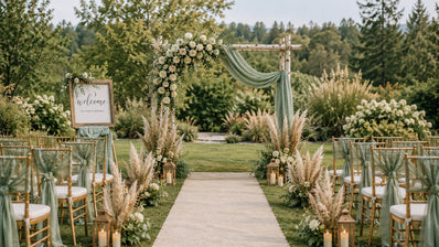 Trending Wedding Arch Styles With Sage Drapes and Pampas Grass