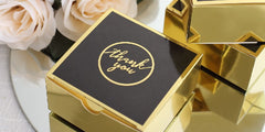 Useful party favor ideas: elegant gold ‘Thank You’ boxes