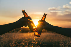 Beers clinking during a sunset