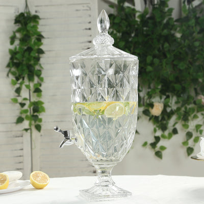 1.3 Gallon Clear Glass Beverage Dispenser with Spigot 21", Diamond Texture Apothecary Jar Style Party Drink Dispenser with Lid