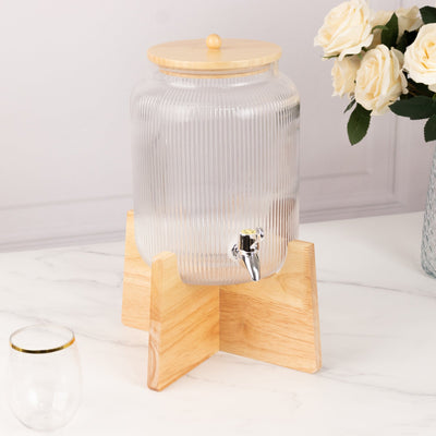 1 Gallon Clear Ribbed Glass Beverage Dispenser with Spigot 14", Wooden Stand and Lid Round Juice Jar - Lead-Free Countertop Feature