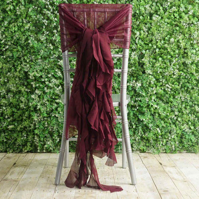1 Set Chiffon Hoods Chair Sashes with Willow Ruffles Burgundy - Graceful Decorative Accent