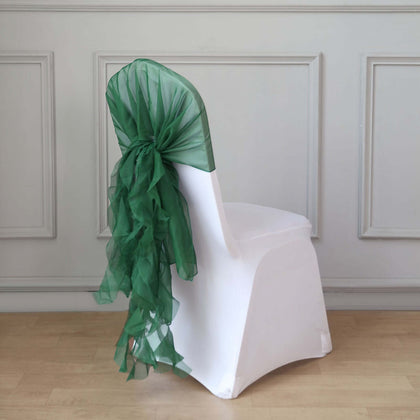 1 Set Chiffon Hoods Chair Sashes with Willow Ruffles Hunter Emerald Green - Graceful Decorative Accent