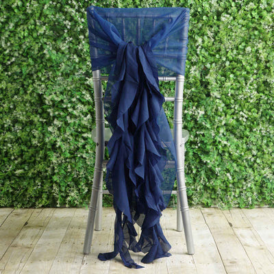 1 Set Chiffon Hoods Chair Sashes with Willow Ruffles Navy Blue - Graceful Decorative Accent