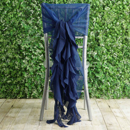 1 Set Chiffon Hoods Chair Sashes with Willow Ruffles Navy Blue - Graceful Decorative Accent