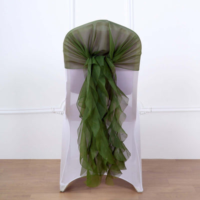 1 Set Chiffon Hoods Chair Sashes with Willow Ruffles Olive Green - Graceful Decorative Accent