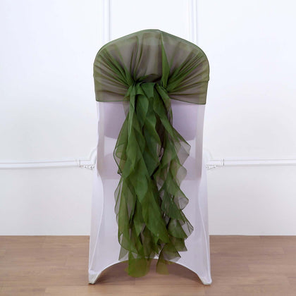 1 Set Chiffon Hoods Chair Sashes with Willow Ruffles Olive Green - Graceful Decorative Accent