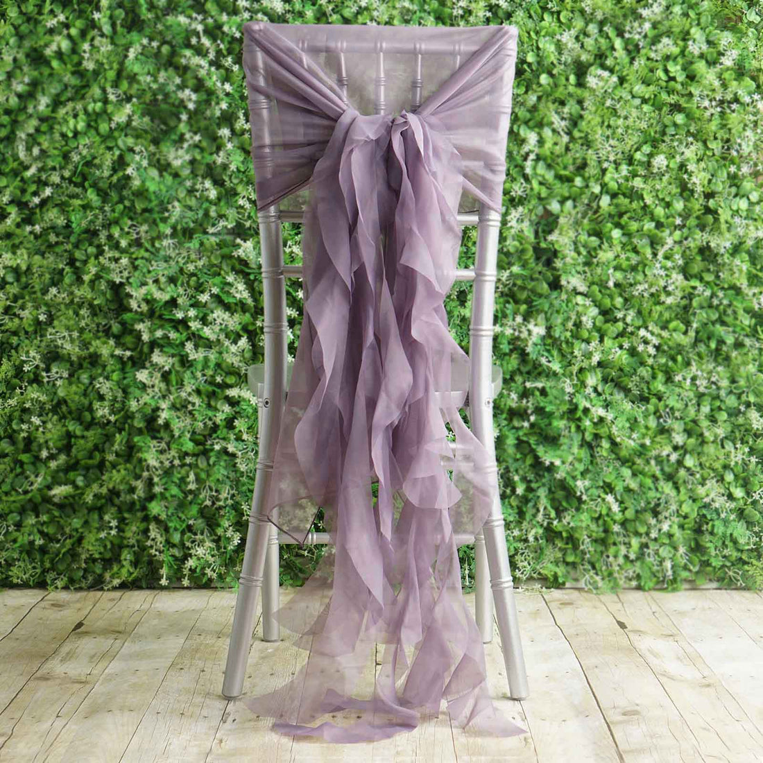Lavender chair sash draped elegantly over a chiavari chair.