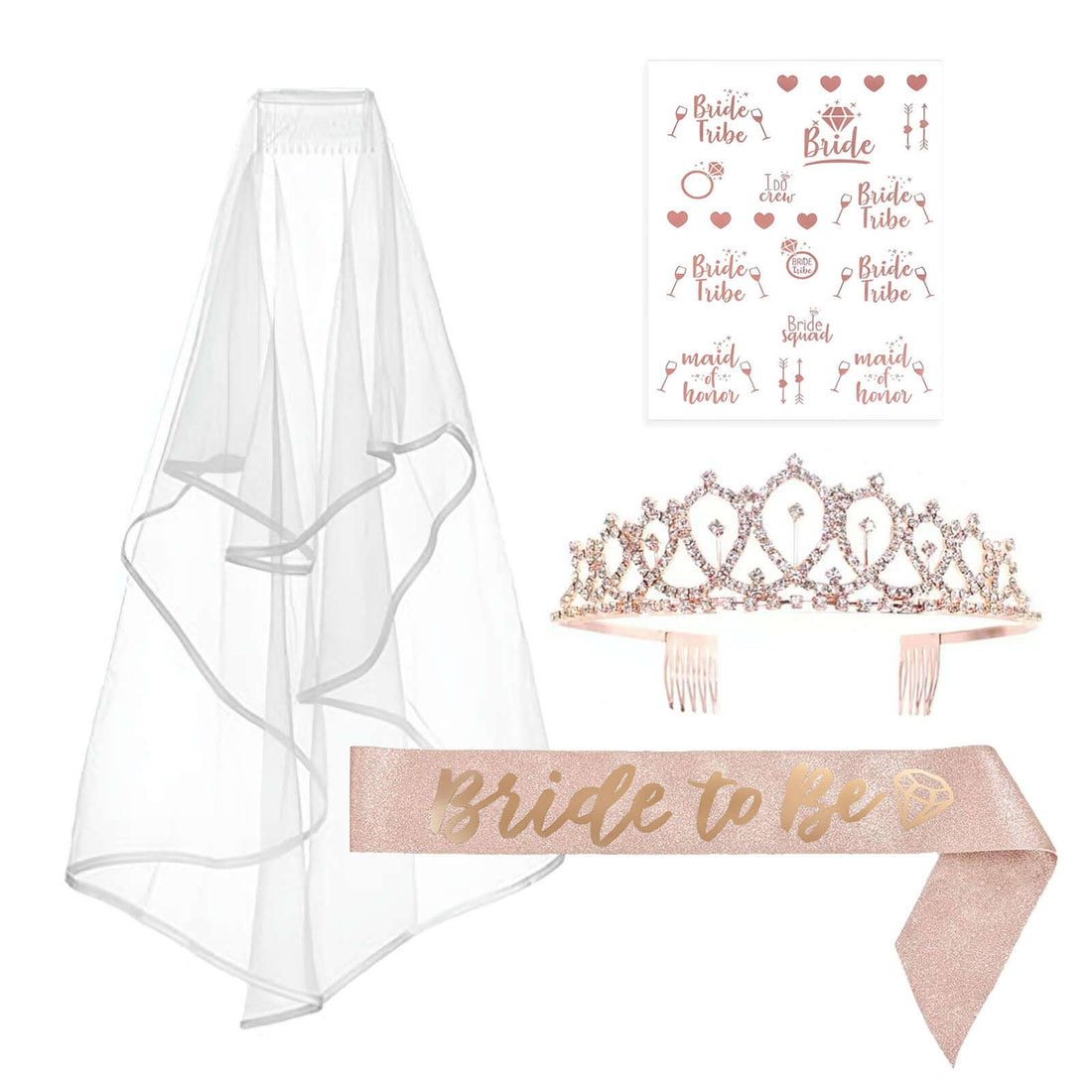 Bridal accessories set with veil, tiara, and "Bride to Be" sash