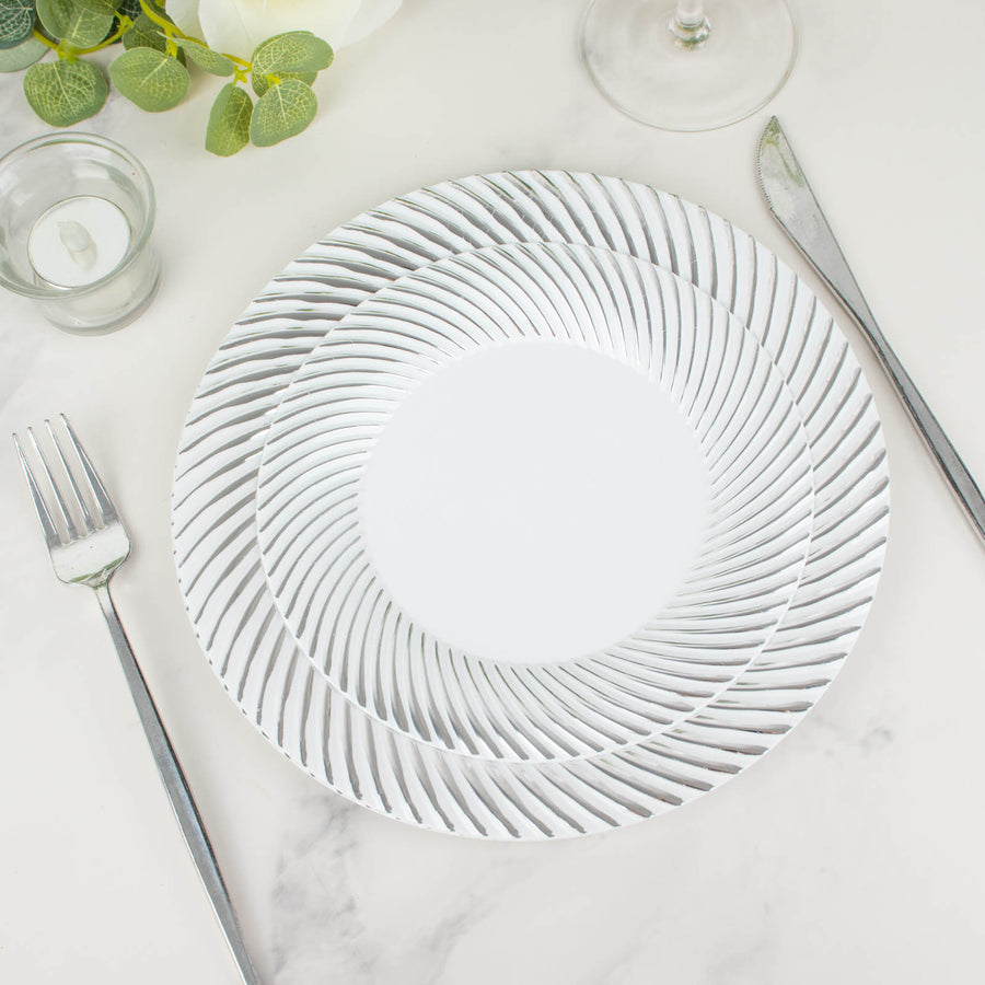 10 Pack | 7inch White / Silver Swirl Rim Plastic Dessert Appetizer Plates