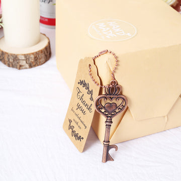 10 Pack Antique Gold Skeleton Key Bottle Opener Wedding Souvenirs, Vintage Wedding Bridal Shower Favors With Tag Card & Chain