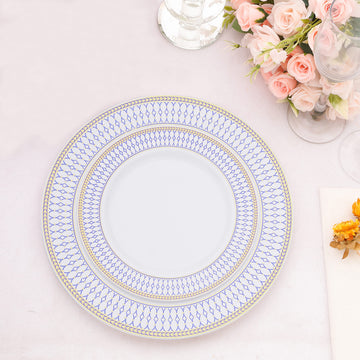 10 Pack White Renaissance Plastic Dessert Plates With Gold Navy Blue Chord Rim, Disposable Salad Appetizer Plates 7"
