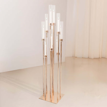 10-Arm Gold Cluster Taper Candle Holder with Clear Glass Shades 50" - Stylish Large Candle Arrangement for Events