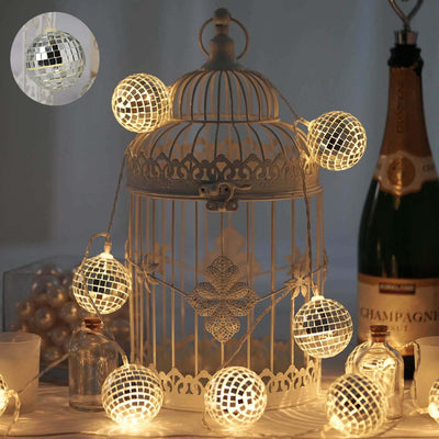 10 LED Silver Disco Mirror Ball String Light Garland 6ft Warm White - Battery Operated Accent Lights