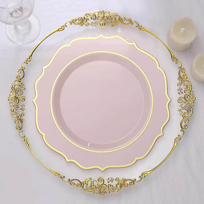 10-Pack Plastic Round Dinner Plates 10" Blush with Gold Scalloped Rim - Disposable Party Plates