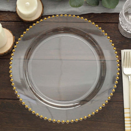 10-Pack Plastic Round Dinner Plates 10" Clear with Gold Beaded Rim - Disposable Party Plates