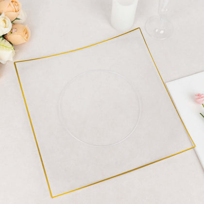 10-Pack Plastic Square Dinner Plates 10" Clear Concave Style with Gold Rim - Modern Disposable Party Plates