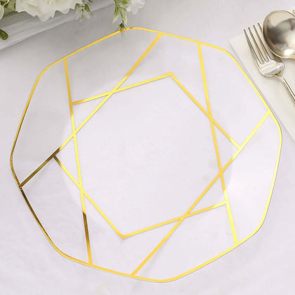 10-Pack Plastic Octagon Dinner Plates 10" Clear with Gold Geometric Design - Stylish Disposable Party Plates