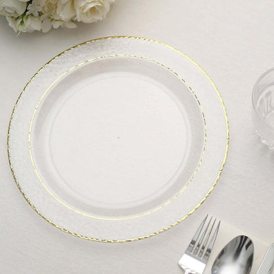 10-Pack Plastic Round Dinner Plates 10" Clear Hammered Design with Gold Rim - Disposable Party Plates