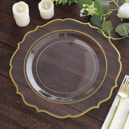 10-Pack Plastic Round Dinner Plates 10" Clear with Gold Scalloped Rim - Disposable Party Plates