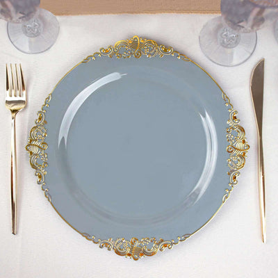 10-Pack Plastic Round Dinner Plates 10" Dusty Blue with Gold Leaf Embossed Rim - Vintage Baroque Style Disposable Plates