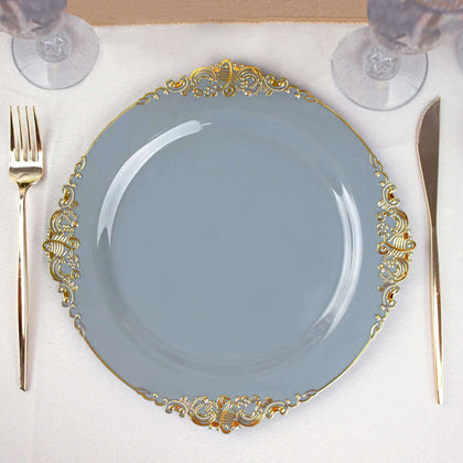 10-Pack Plastic Round Dinner Plates 10" Dusty Blue with Gold Leaf Embossed Rim - Vintage Baroque Style Disposable Plates