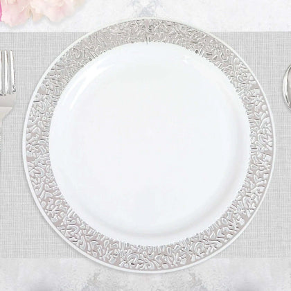 10-Pack Plastic Dinner Plates 10" White with Fancy Silver Lace Rim - Disposable Party Plates for Special Occasions