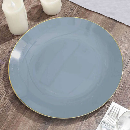 10-Pack Plastic Round Dinner Plates 10" Dusty Blue with Gold Rim - Glossy Disposable Party Plates