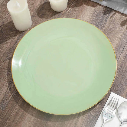 10-Pack Plastic Round Dinner Plates 10" Sage Green with Gold Rim - Glossy Disposable Party Plates