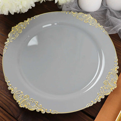10-Pack Plastic Round Dinner Plates 10" Gray with Gold Leaf Embossed Rim - Vintage Baroque Style Disposable Plates