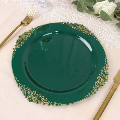 10-Pack Plastic Round Dinner Plates 10" Hunter Emerald Green with Gold Leaf Embossed Rim - Vintage Baroque Style Disposable Plates