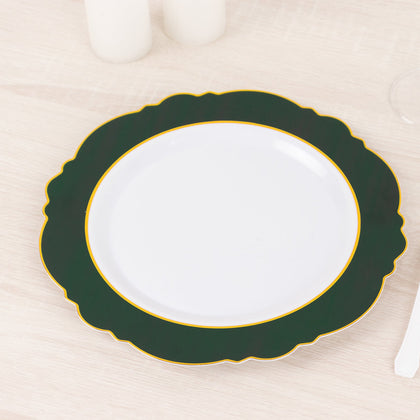 10-Pack Plastic Round Dinner Plates 10" White with Hunter Emerald Green Blossom Design & Gold Edging - Disposable Party Plates