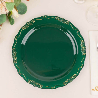 10-Pack Plastic Round Dinner Plates 10" Hunter Emerald Green with Gold Vintage Embossed Rim & Scalloped Edges - Sturdy Disposable Party Plates
