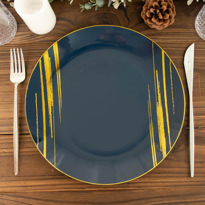 10-Pack Plastic Round Dinner Plates 10" Navy Blue with Gold Brush Stroked Print - Modern Disposable Party Dinnerware