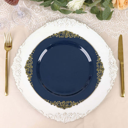 10-Pack Plastic Round Dinner Plates 10" Navy Blue with Gold Leaf Embossed Rim - Vintage Baroque Style Disposable Plates