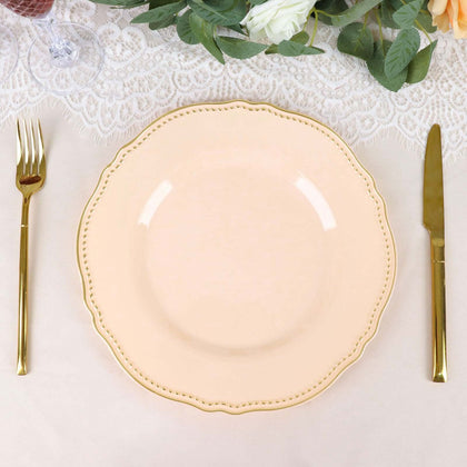 10-Pack Plastic Dinner Plates 10" Nude with Gold Scalloped Rim - Large Disposable Party Plates