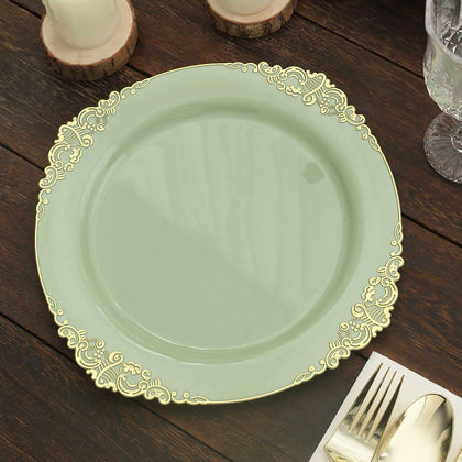 10-Pack Plastic Round Dinner Plates 10" Sage Green with Gold Leaf Embossed Rim - Vintage Baroque Style Disposable Plates