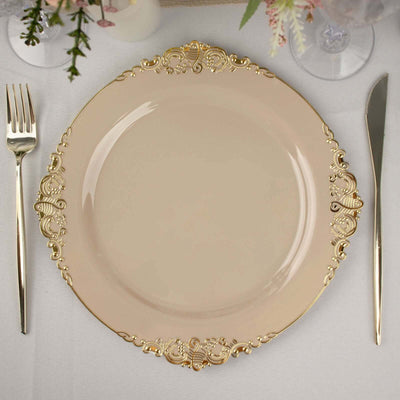 10-Pack Plastic Round Dinner Plates 10" Taupe with Gold Leaf Embossed Rim - Vintage Baroque Style Disposable Plates