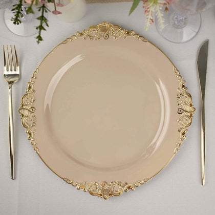 10-Pack Plastic Round Dinner Plates 10" Taupe with Gold Leaf Embossed Rim - Vintage Baroque Style Disposable Plates
