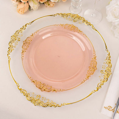 10-Pack Plastic Round Dinner Plates 10" Transparent Blush with Gold Leaf Embossed Rim - Vintage Baroque Style Disposable Plates